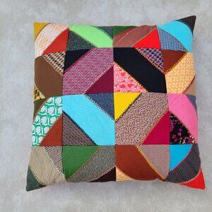 Vintage Crazy Quilt Throw Pillow Polyester 18x18 Handmade Patchwork Embroidered